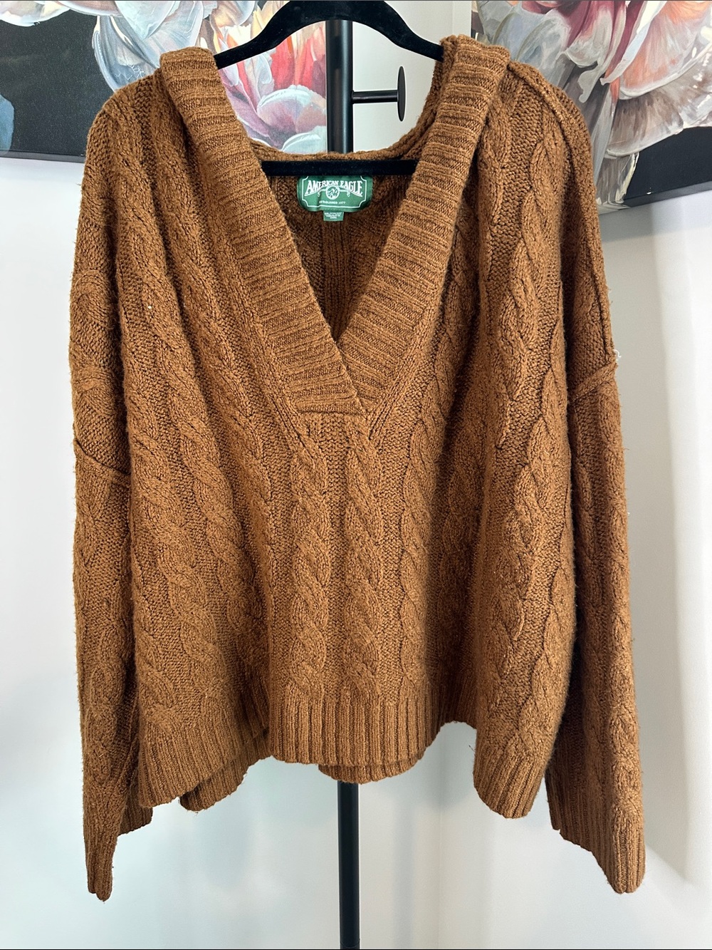 American Eagle Outfitters Chunky Cable V-Neck Sweater in Chestnut Brown